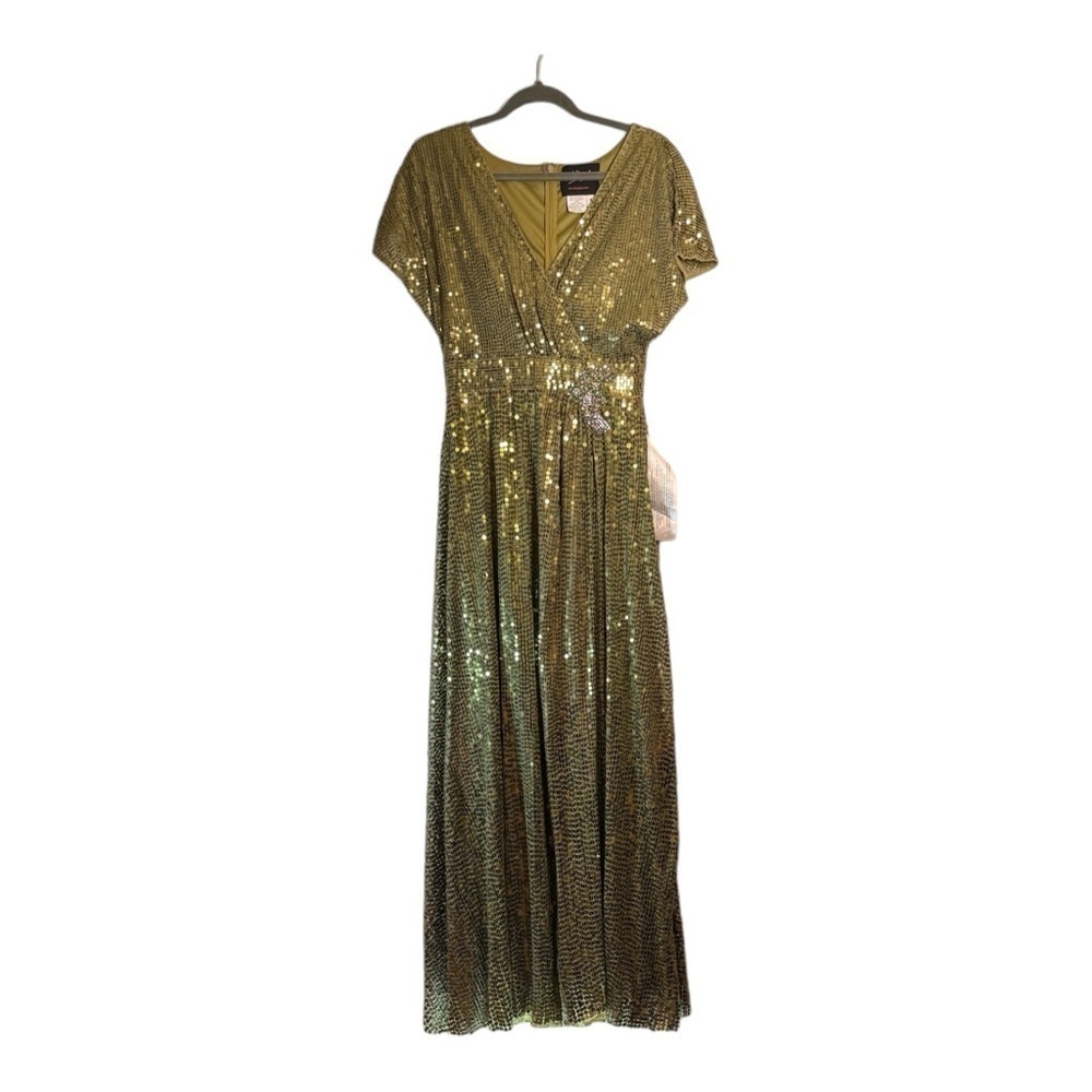 Mac Duggal Sequined Butterfly Sleeve Wrap Over A Line Gown in Olive NWT - Picture 2 of 8